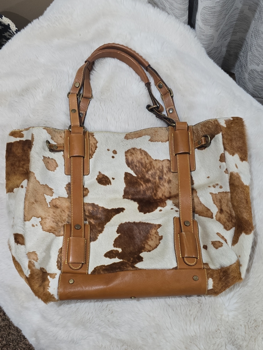 Cowhide Pattern Tote with Tan Leather Trim